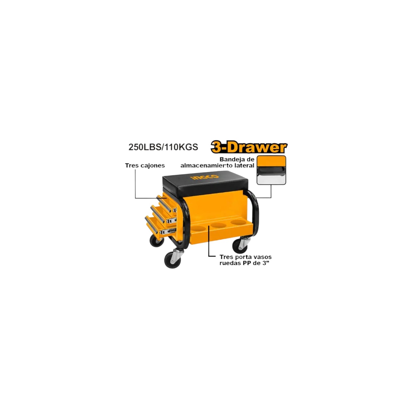 Silla Banqueta De Mecánico 110kg 3 Bandejas 4 Ruedas 360 Naranja Claro ENVIO GRATIS Entrega el Mismo Dia En Santiago, Comprando Antes de las 14:00 Hr