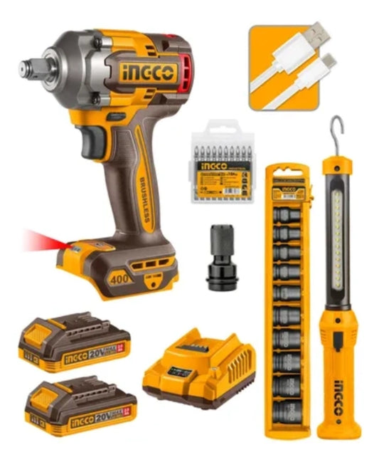 PISTOLA DE IMPACTO 1/2" 20V/400NM BL + 2 BATERÍAS + 10 DADOS + LINTERNA (COSLI23048) INGCO