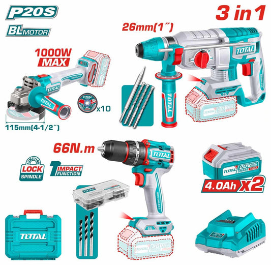 Kit Taladro Percutor + Esmeril Angular + Roto martillo Inalámbrico + 2 Baterías Total