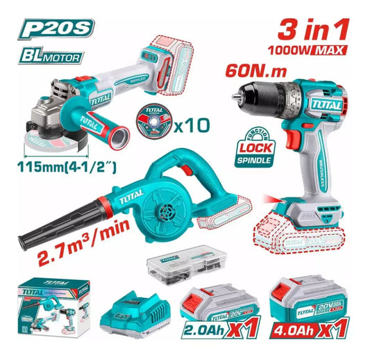 Kit Taladro + Esmeril + Sopladora Inalámbrica 20V Total