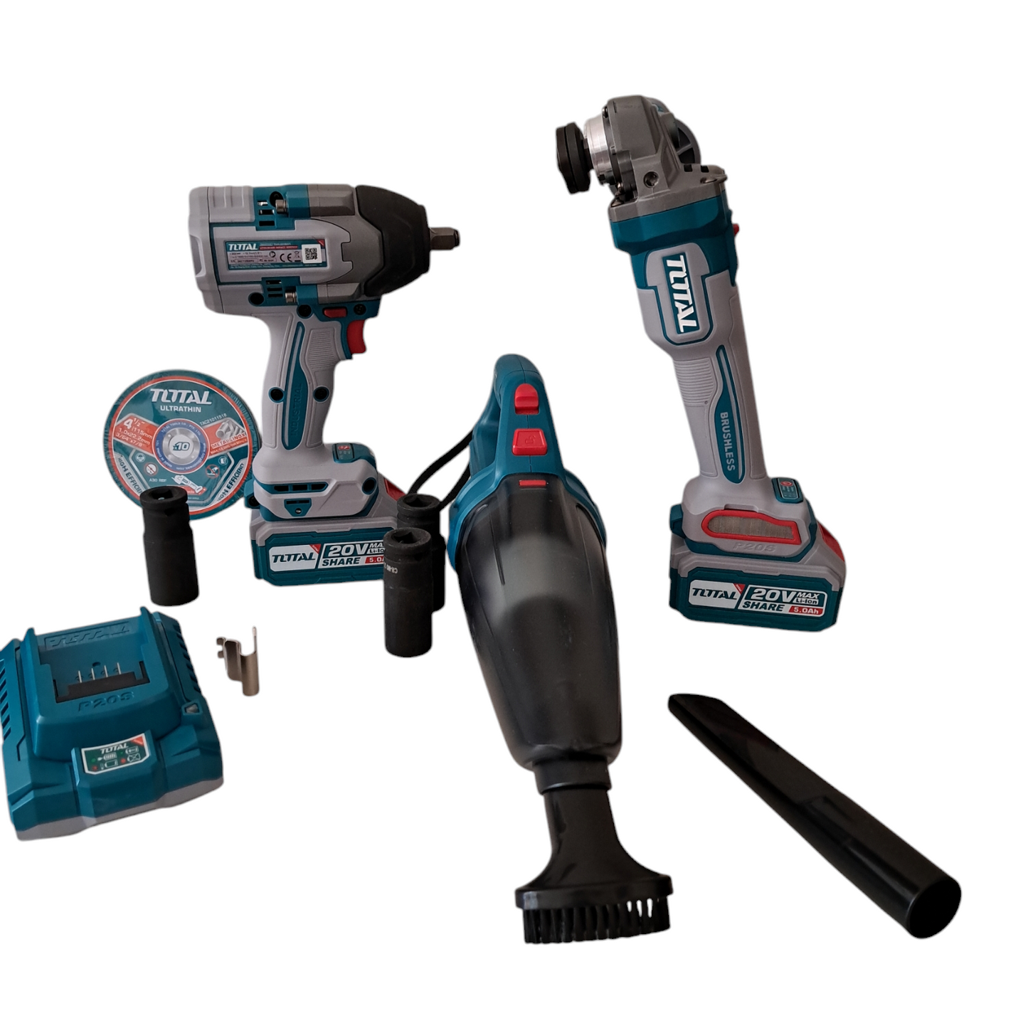 Kit Inalambrico Llave de Impacto 850nm,Aspíradora, Esmeril 4.5pulgadas