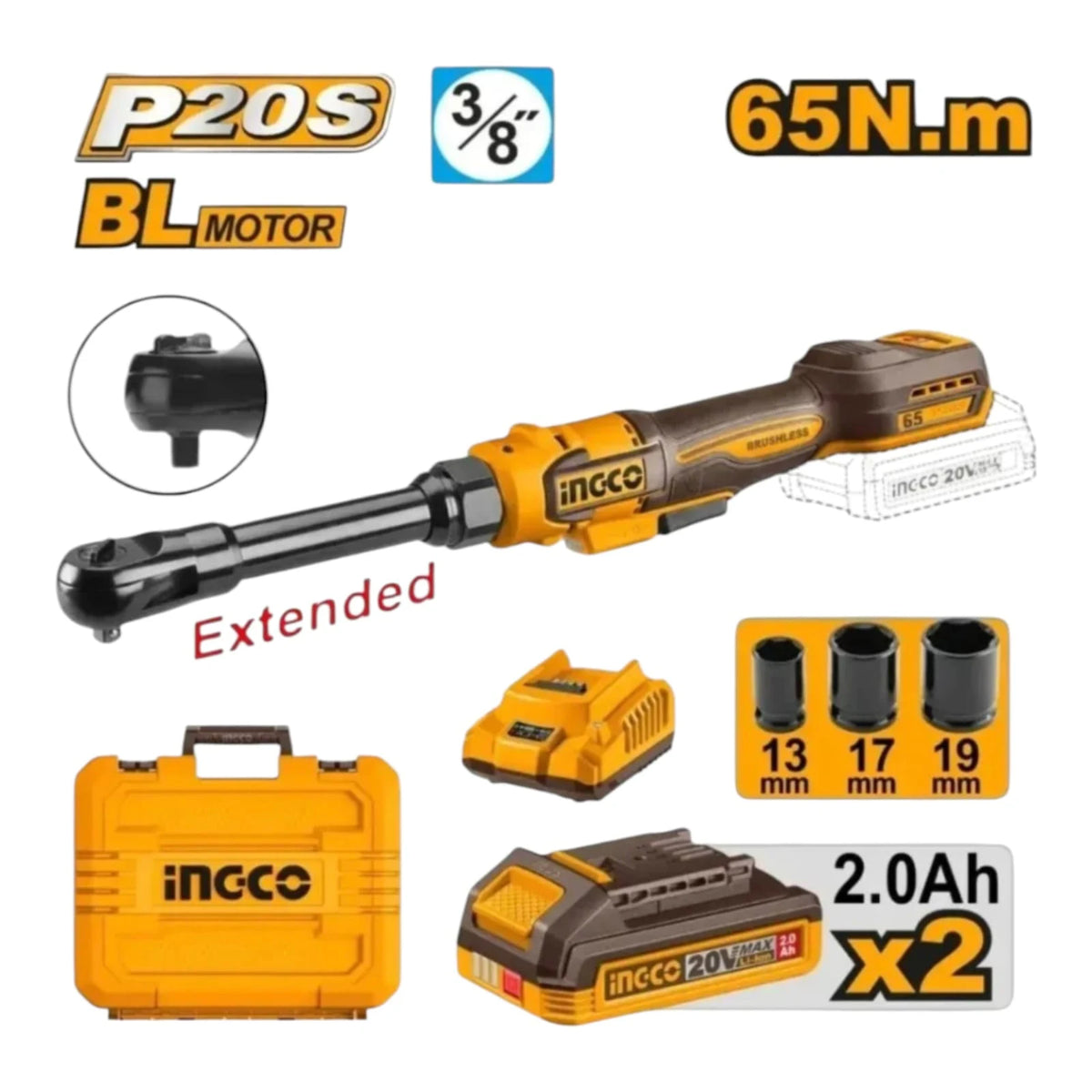 Llave de Chicharra / Trinquete Inalámbrica INGCO 20V Extended 170mm (3/8" - 65Nm) + 2 Baterías 2.0Ah y Maletín