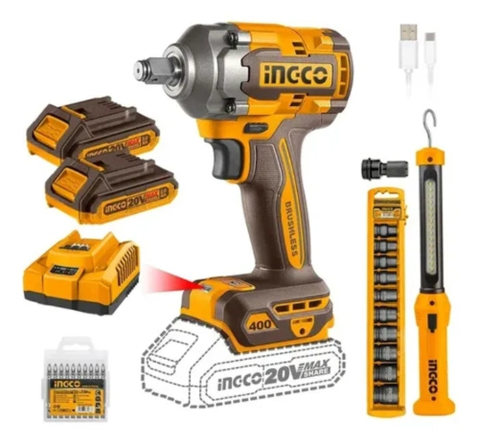 PISTOLA DE IMPACTO 1/2" 20V/400NM BL + 2 BATERÍAS + 10 DADOS + LINTERNA (COSLI23048) INGCO