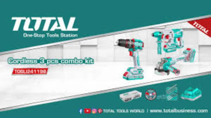 Kit Taladro Percutor + Esmeril Angular + Roto martillo Inalámbrico + 2 Baterías Total