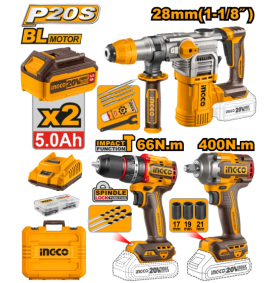 KIT COMBO A BATERIA P20S 20V C/ROTOMARTILLO + LLAVE DE IMPACTO + TALADRO ATORNILLADOR C/PERCUTOR