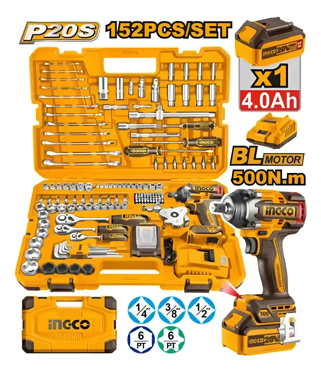 Kit Herramientas + Llave De Impacto 500Nm + Bat 4.0Ah- Ingco