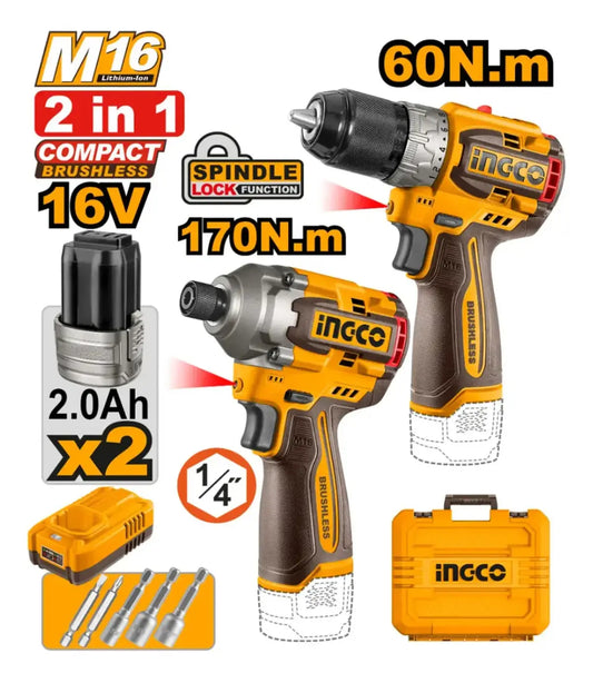 Kit Taladro+Atornillador de Impacto Motor Brushless Ingco