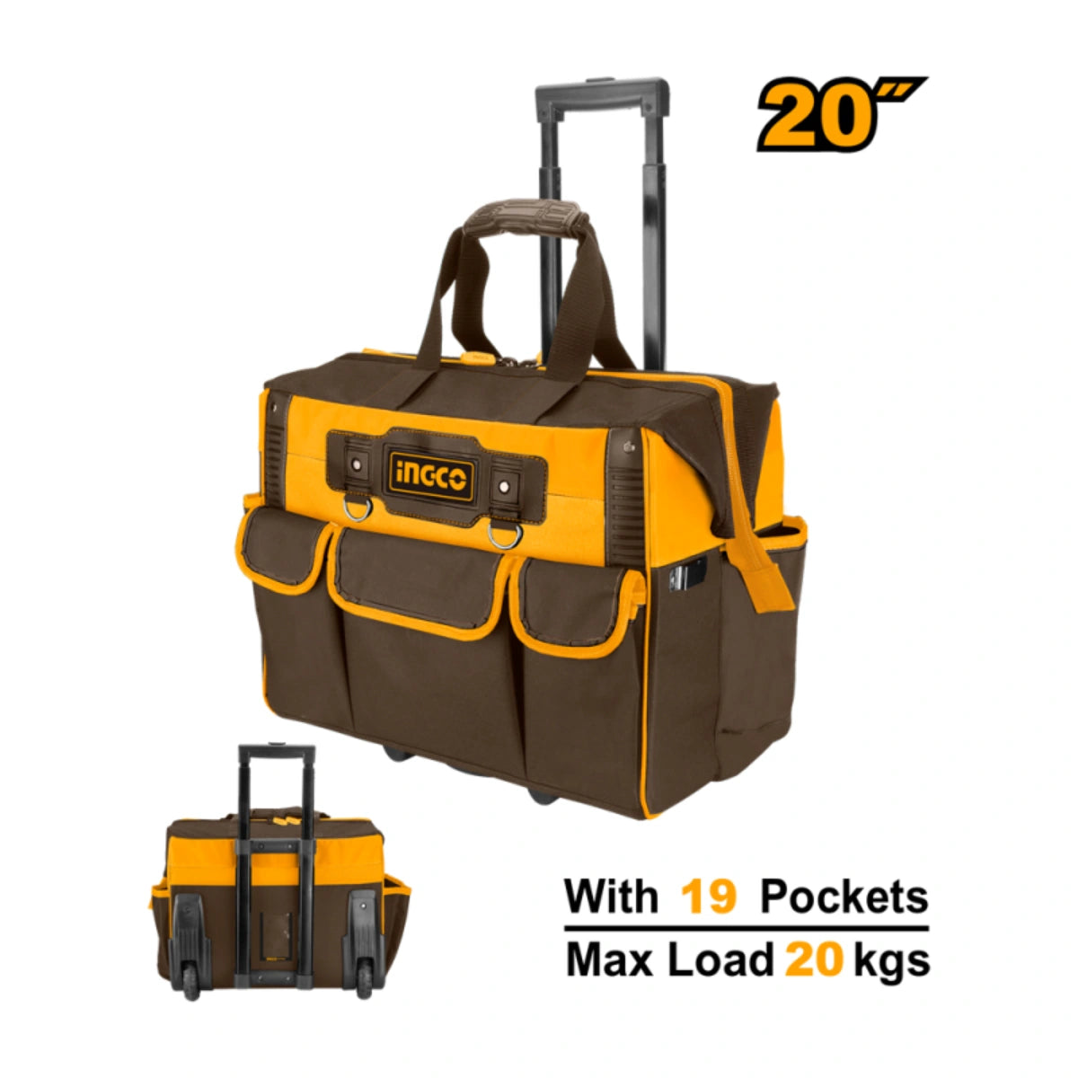 BOLSO VALIJA ROLLING RIGIDA 20" PORTA HERRAMIENTAS C 19 BOLSILLOS INGCO HRRTB2015