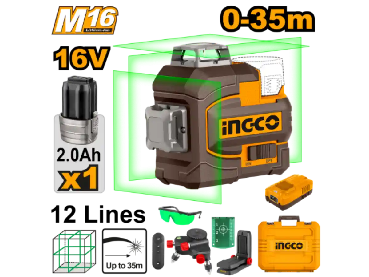 NIVEL LASER AUTONIVELANTE 3D VERDE A BATERIA 35MTS 16V M16 C/BATERIA + VALIJA + ACCESORIOS HLL301201