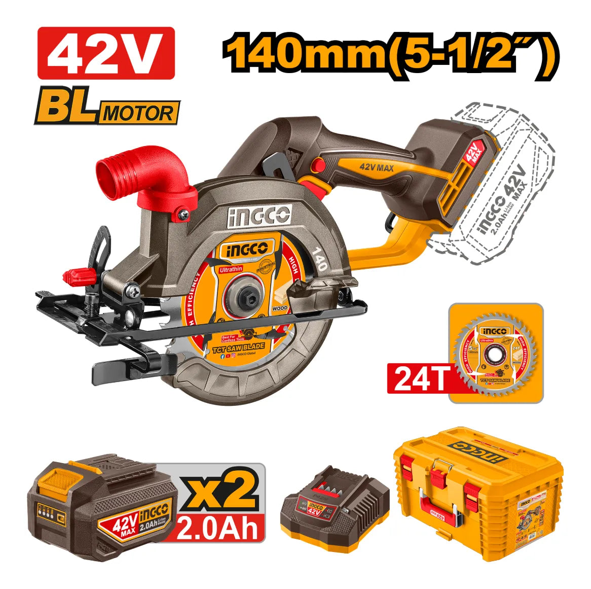 Sierra Circular 5 1/2" Bateria 42v 140mm + 2 Bateria 2.0ah