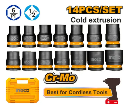 Kit Juego 14 Dados de Impacto Encastre ½'' Ingco Color Negro