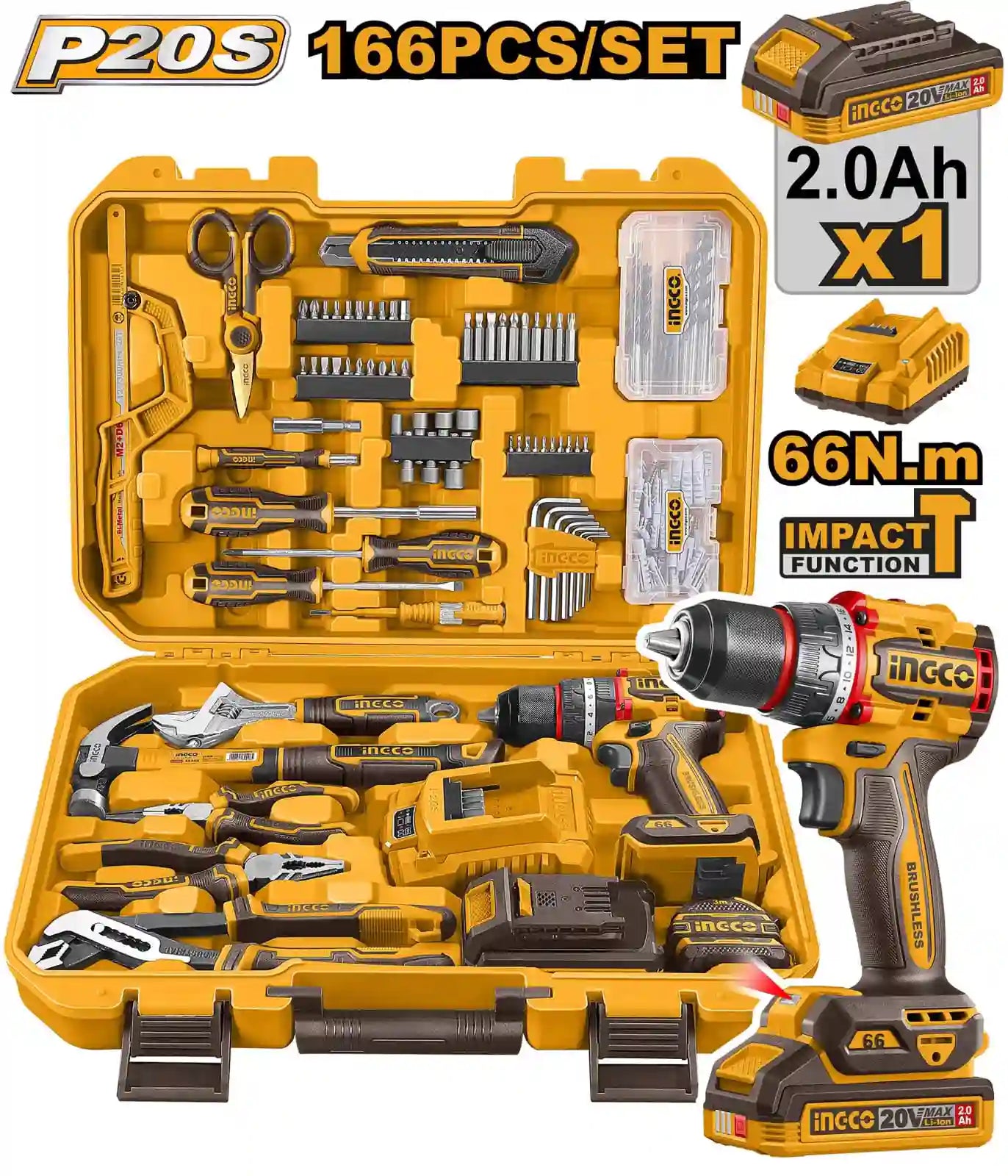 Set de Herramientas Manuales + Taladro Percutor 66Nm Ingco Hkthp41662