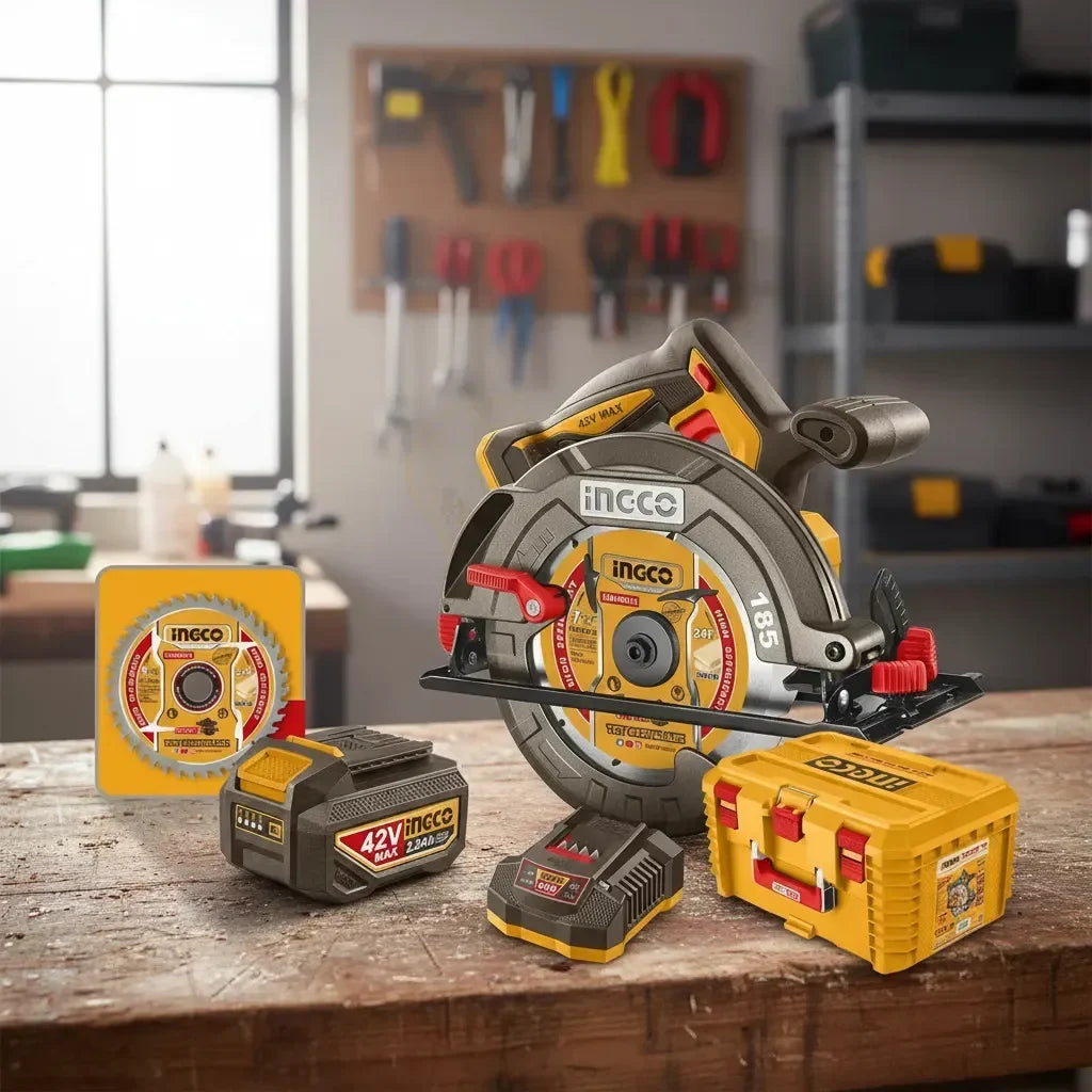 Sierra Circular Inalámbrica INGCO 42V Max Brushless 7-1/4" (CSLI4218512) + 2 Baterías y Maletín