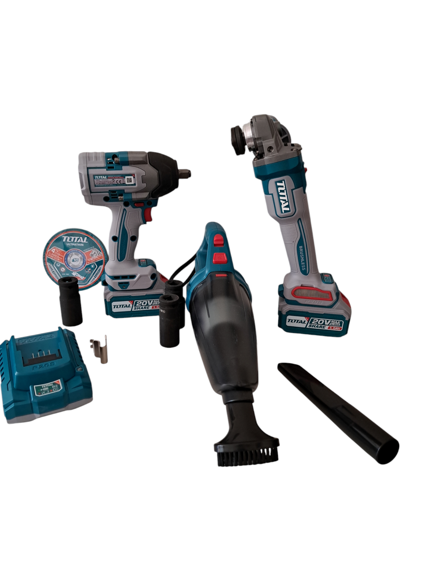 Kit Inalambrico Llave de Impacto 850nm,Aspíradora, Esmeril 4.5pulgadas