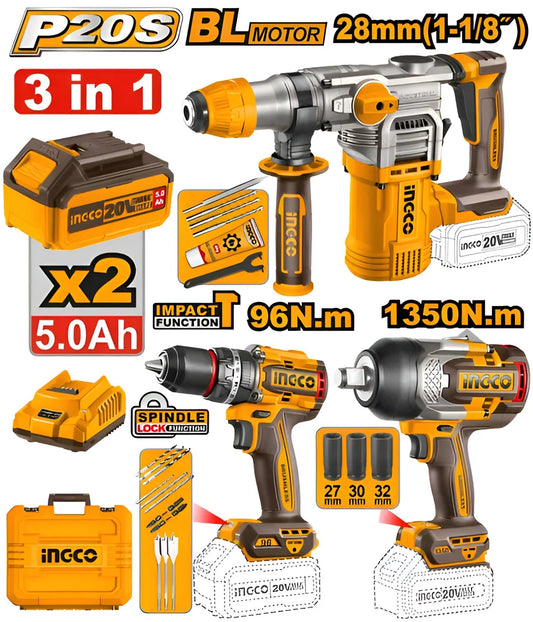 Rotomartillo + Llave Impacto 1350nm + Taladro Percutor 96nm Amarillo 50hz/60hz