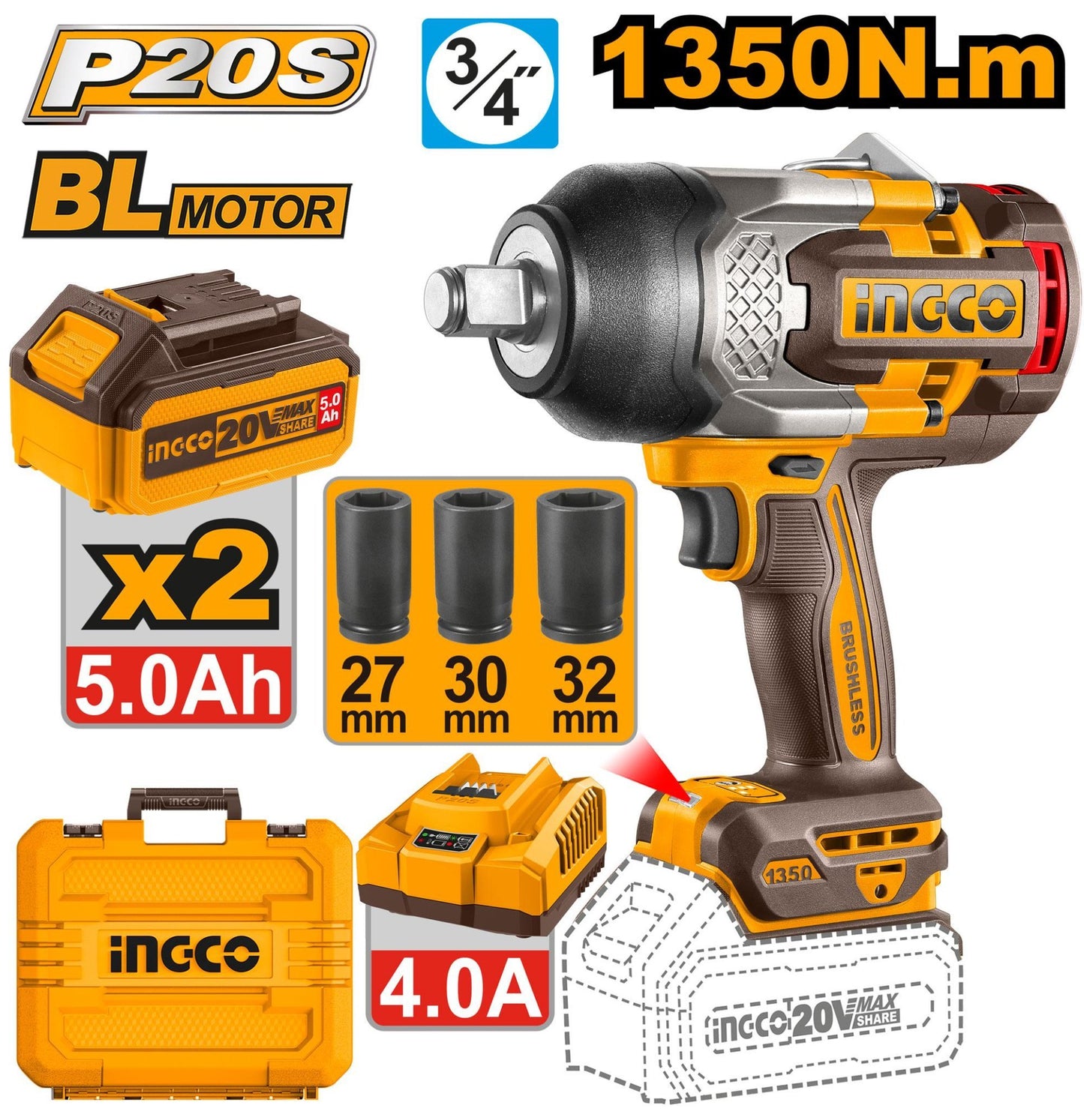 LLAVE DE IMPACTO A BATERÍA 20V P20S 3/4" 1350NM