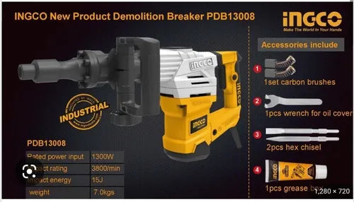 Martillo Demoledor 1300wats- 20J Ingco 7kg + Maletin
